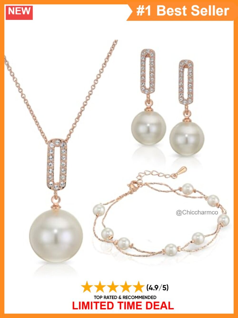 18K Rose Gold Plated Simulated Pearl Jewelry Set Necklace Earrings Bracelet